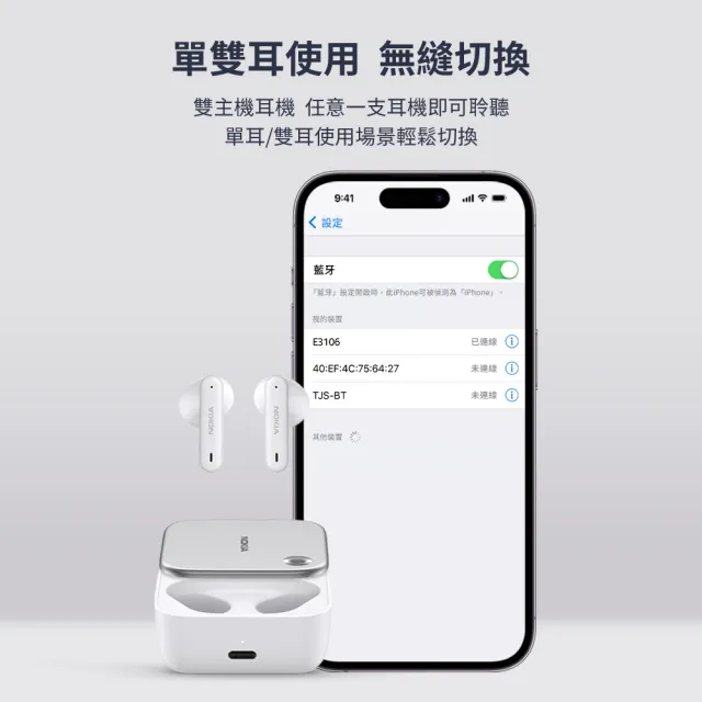【NOKIA】ENC真無線藍牙耳機白(全新藍牙5.2/ENC降噪 E3106)