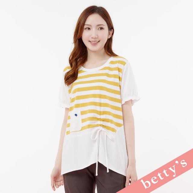 【betty’s 貝蒂思】條紋拼接造型抽繩長版T-shirt(黃色)