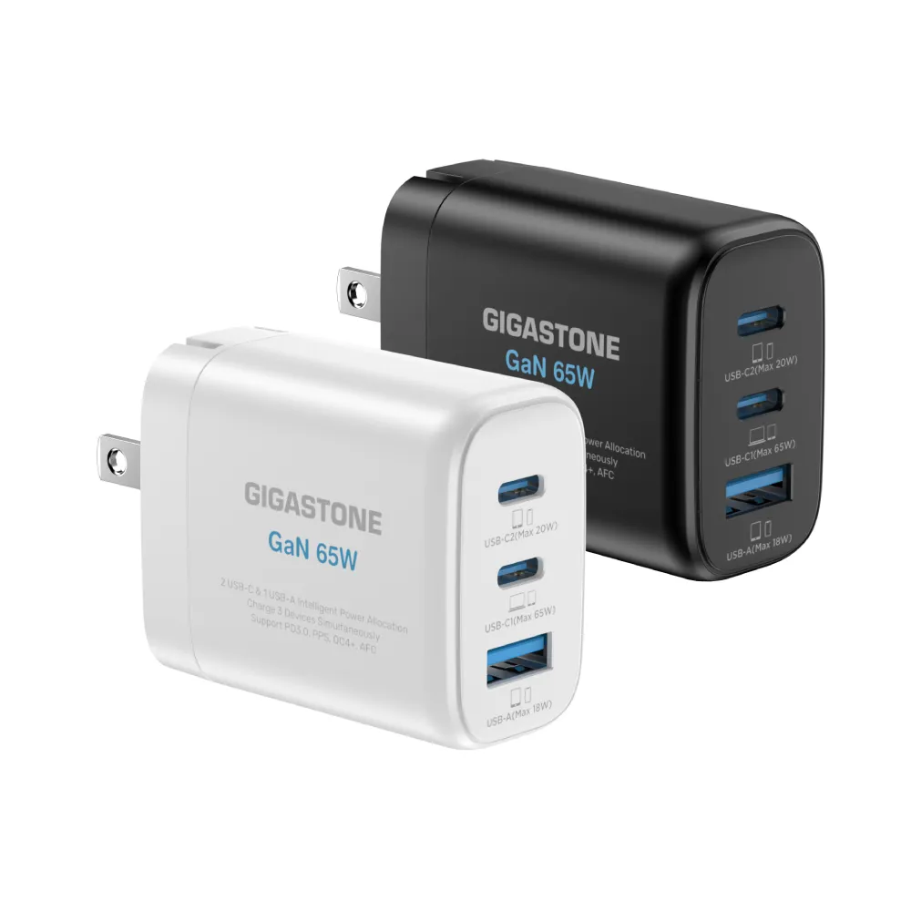 【GIGASTONE 立達】（雙入組）65W GaN氮化鎵三孔USB-C快充充電器PD-7653(iPhone15/iPad/MacBook筆電充電頭)