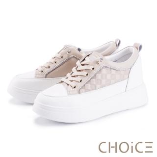 【CHOiCE】真皮鑽飾棋盤格免綁帶厚底休閒鞋(粉紅)