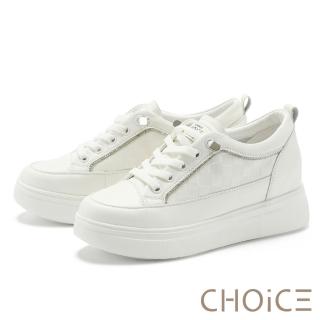 【CHOiCE】真皮鑽飾棋盤格免綁帶厚底休閒鞋(米白)