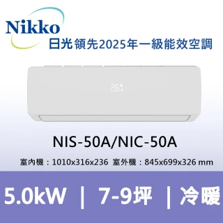 【NIKKO 日光】7-9坪頂級R32一級變頻冷暖型5.0KW分離式空調(NIS-50A/NIC-50A)