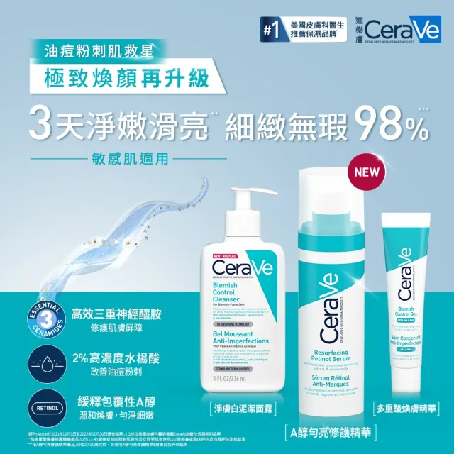 【CeraVe 適樂膚】全新上市淨痘淡疤組★A醇勻亮修護精華 30ml+多重酸煥膚修護精華40ml(抗痘)