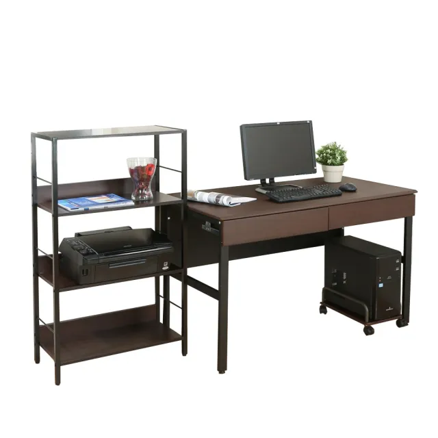 【DFhouse】頂楓120公分電腦辦桌+2抽屜+主機架+萊斯特書架 -黑橡木色