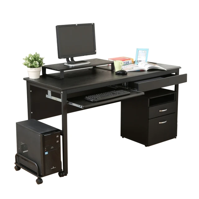 【DFhouse】頂楓150公分電腦桌+一抽一鍵+主機架+活動櫃+桌上架-黑橡木色