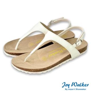 【Joy Walker】簡約T型人字 夾腳 軟木涼鞋 白色 女 圓頭 素面平底 合成皮革 繞踝 休閒舒適 柔軟鞋墊 1581P