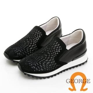 【GEORGE 喬治皮鞋】真皮鏤空燙鑽增高 3CM休閒鞋 – 黑 414011IG10