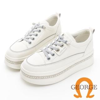 【GEORGE 喬治皮鞋】真皮免綁帶亮鑽 5CM厚底鞋 – 白 414013IG90