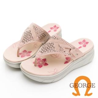 【GEORGE 喬治皮鞋】牛皮印花厚底氣墊人字拖鞋 -芋 413001HK36