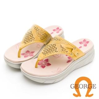 【GEORGE 喬治皮鞋】牛皮印花厚底氣墊人字拖鞋 -黃 413001HK80