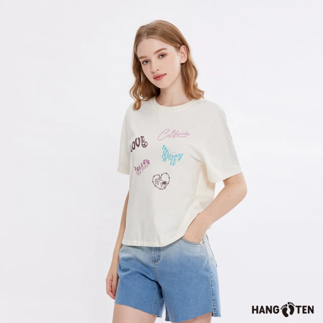 【Hang Ten】女裝-蚊蟲防護下擺綁結胸前印花短袖T恤(奶白)