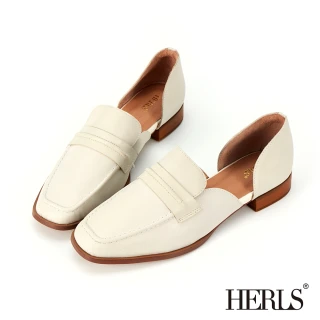 【HERLS】樂福鞋-全真皮立體抓褶橫帶側V方頭低跟樂福鞋(灰白色)
