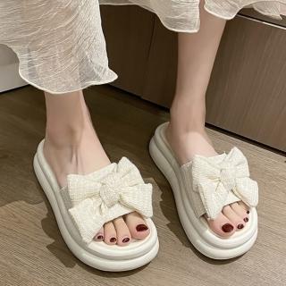 【baibeauty 白鳥麗子】甜美一字帶布面蝴蝶結平底拖鞋(厚底鞋)