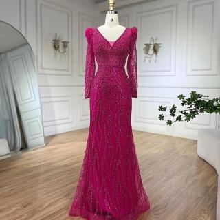 【女神婚紗禮服】高階氣質顯瘦輕奢v領魚尾宴會晚禮服LA71931紫紅色(選美宴會敬酒 拉鍊款晚禮服)