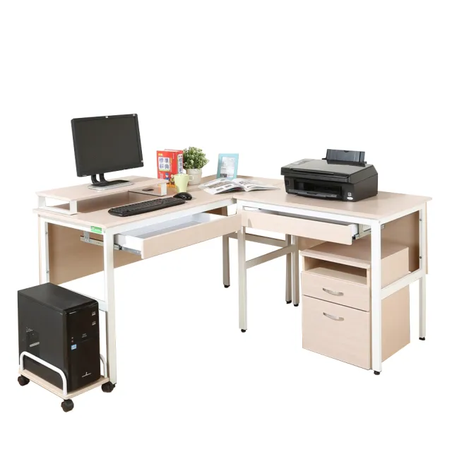 【DFhouse】頂楓150+90公分大L型工作桌+2抽屜+主機架+桌上架+活動櫃-黑橡木色