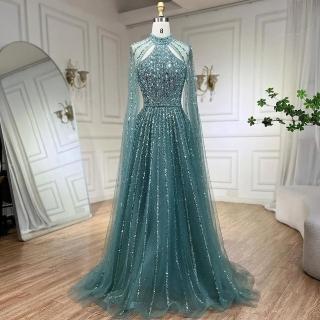 【女神婚紗禮服】高奢絕世美人高領削肩串珠透紗長披肩A字晚禮服LA72306A松石綠(選美宴會敬酒 拉鍊款晚禮服)