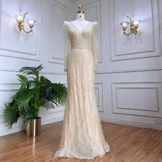 【女神婚紗禮服】高階氣質顯瘦輕奢v領魚尾宴會晚禮服LA71931米白色(選美宴會敬酒 拉鍊款晚禮服)