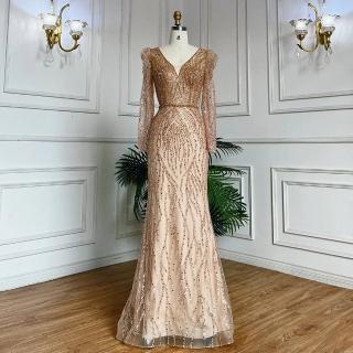 【女神婚紗禮服】高階氣質顯瘦輕奢v領魚尾宴會晚禮服LA71931焦糖色(選美宴會敬酒 拉鍊款晚禮服)