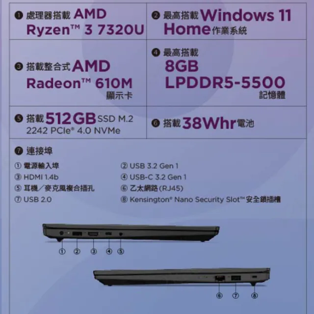 【Lenovo】15.6吋R5輕薄筆電(V15 G4/83CRA015TW/R5-7530U/8G可擴充/512G SSD/W11H)