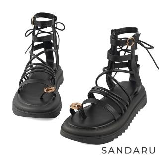 【SANDARU 山打努】涼鞋 金屬造型套趾綁帶羅馬涼鞋(黑)