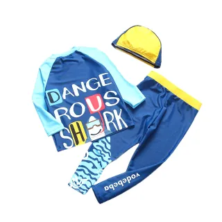 【SWIMFLOW】浪花鯊魚 男孩長袖 泳衣(泳衣 兒童 泳裝 兩件式泳衣 連身泳裝 抗紫外線 男女童泳衣)