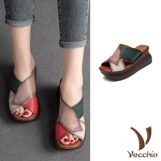 【Vecchio】真皮拖鞋 厚底拖鞋/真皮頭層牛皮交叉色塊拼接復古厚底拖鞋(杏)