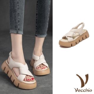 【Vecchio】真皮涼鞋 厚底涼鞋/全真皮頭層牛皮交叉扭結鬆糕厚底涼鞋(米)