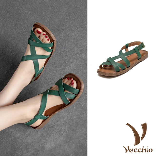 VecchioVecchio 真皮涼鞋 平底涼鞋/全真皮頭層牛皮經典交叉帶舒適平底涼鞋(綠)
