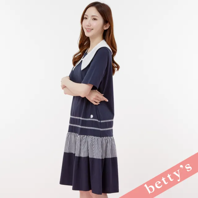 【betty’s 貝蒂思】百褶領片撞色拼接短袖洋裝(深藍)