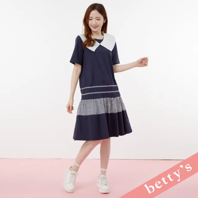 【betty’s 貝蒂思】百褶領片撞色拼接短袖洋裝(深藍)