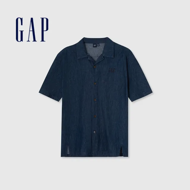 【GAP】男裝 Logo亞麻翻領短袖襯衫-多色可選(464288&461256&885844)