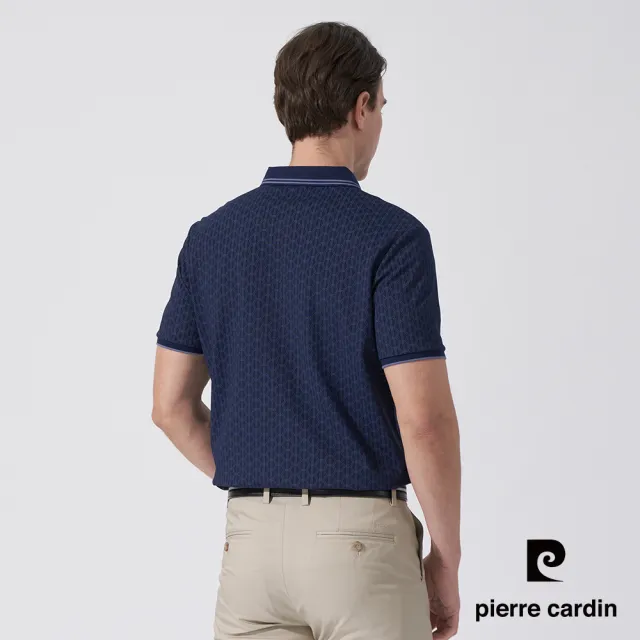 【pierre cardin 皮爾卡登】休閒服飾 男款 網眼印花短袖POLO衫-深藍色(5247268-38)