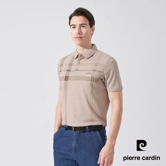 pierre cardin 皮爾卡登 商務休閒 男款 網眼胸前大定位格印花短袖POLO衫-卡其色(5247260-84)