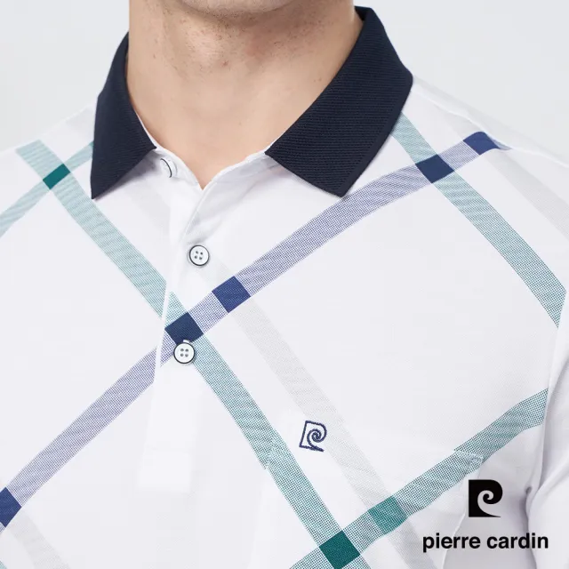 【pierre cardin 皮爾卡登】商務休閒 男款 胸前印大斜格短袖POLO衫-白色(5247267-90)