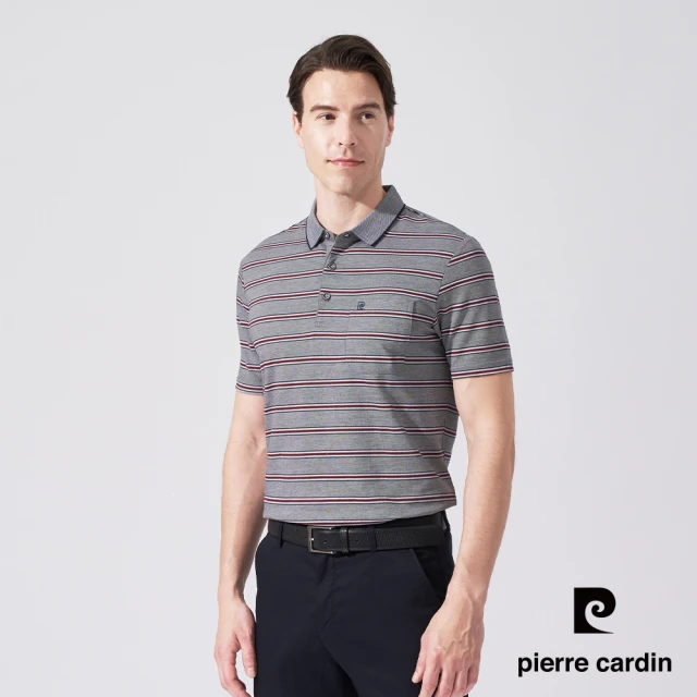 pierre cardin 皮爾卡登 商務休閒 男款 雙色網眼橫條印花短袖POLO衫-灰藍色(5247254-38)