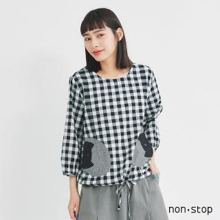 【non-stop】貓咪造型袋飾格紋上衣-2色