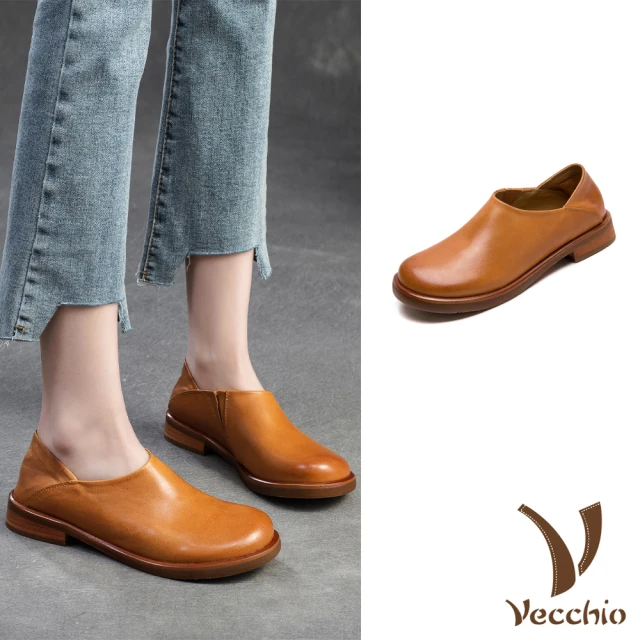 Vecchio 真皮樂福鞋 兩穿樂福鞋/全真皮馬皮兩穿法設計純色大圓頭舒適樂福鞋(棕)
