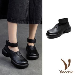 【Vecchio】真皮娃娃鞋 厚底娃娃鞋/全真皮頭層牛皮復古大圓頭V口繫帶厚底娃娃鞋(黑)