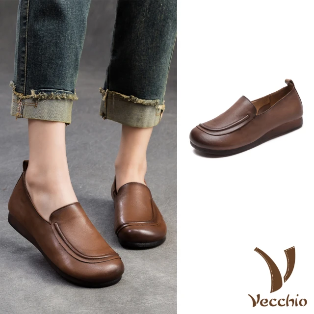 Vecchio 真皮樂福鞋 牛皮樂福鞋/全真皮頭層牛皮立體流線純色舒適樂福鞋(棕)