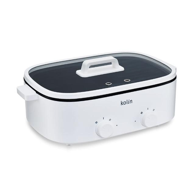  歌林 KOLIN KHL-MN5LA 5L 鴛鴦電火鍋，一鍋多用，支援燒烤、火鍋、蒸煮等多種料理模式。內鍋採用壓鑄鋁加不沾塗層，易清潔耐用；透明玻璃上蓋方便監控，火力調節靈活，內建安全裝置確保使用安心。容量達5L，適閤家庭聚餐，功率1600W快速加熱，白色系設計簡約美觀。原廠保固一年，中國製造，BSMI認證R56103。 