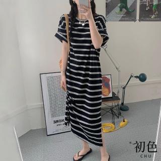 【初色】小香風撞色條紋圓領長版T恤上衣短袖連身裙洋裝-黑條紋-33877(M-4XL可選)