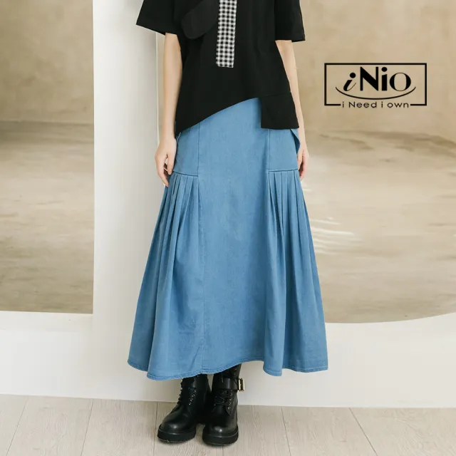 【iNio 衣著美學】長裙 春夏新品 現貨 後鬆緊腰 抓褶 棉質 牛仔裙(CDW2032)