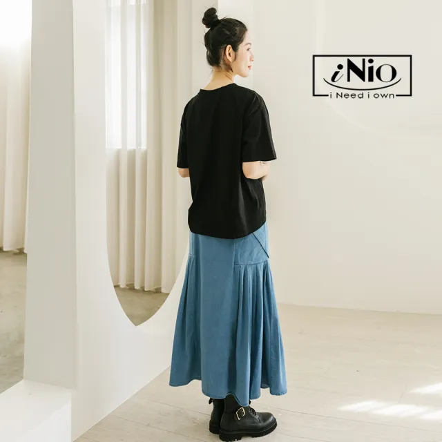【iNio 衣著美學】長裙 春夏新品 現貨 後鬆緊腰 抓褶 棉質 牛仔裙(CDW2032)