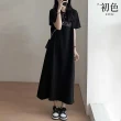 【初色】純色英文印花中大尺碼圓領短袖寬鬆中長裙連身洋裝連身裙洋裝-黑色-33923(M-4XL可選)