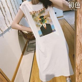 【初色】寬鬆文藝印花圓領無袖中長裙連衣裙連身洋裝-白色-33867(M-2XL可選)