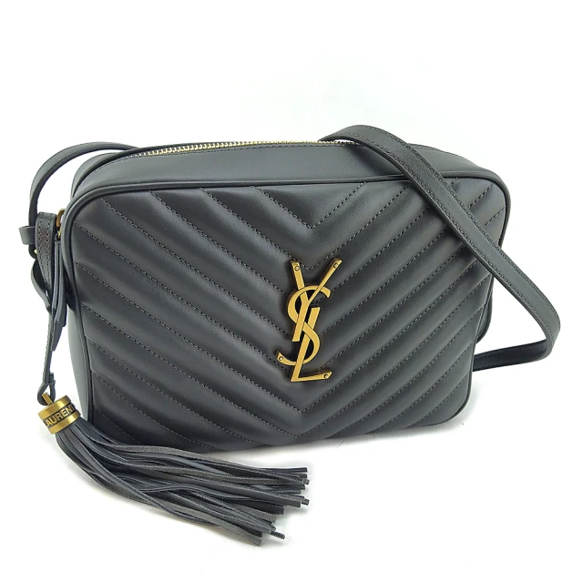 YSL 泥灰色V形紋牛皮金釦斜背流蘇相機包(展示品)