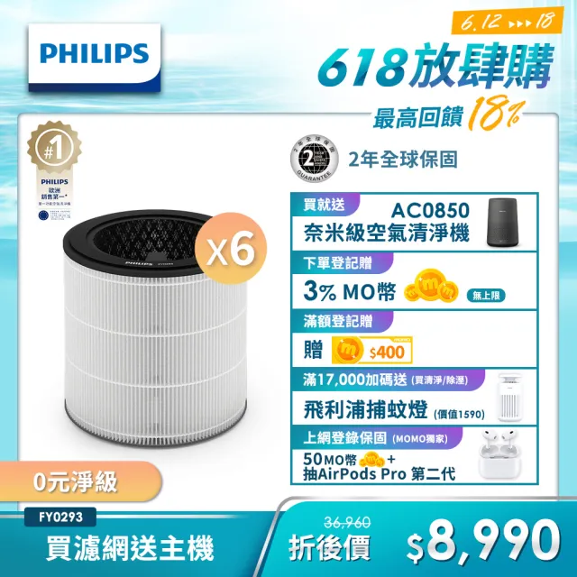 【Philips 飛利浦】買濾網送主機(AC0850)★奈米級勁護濾網-FY0293 6入(適用型號: AC0850)
