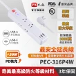 【PX 大通-】快充 Type C USB 電源延長線1開6插3孔1.2公尺1切6插座1.2m/4尺防火耐熱阻燃(PEC-316P4W)