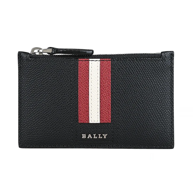 BALLY TENLEY銀色金屬LOGO紅白條紋粒面牛皮4卡拉鍊卡夾零錢包(黑)