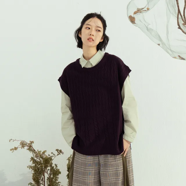 【MOSS CLUB】變化菱格麻花設計無袖針織背心(紫 黃/魅力商品)
